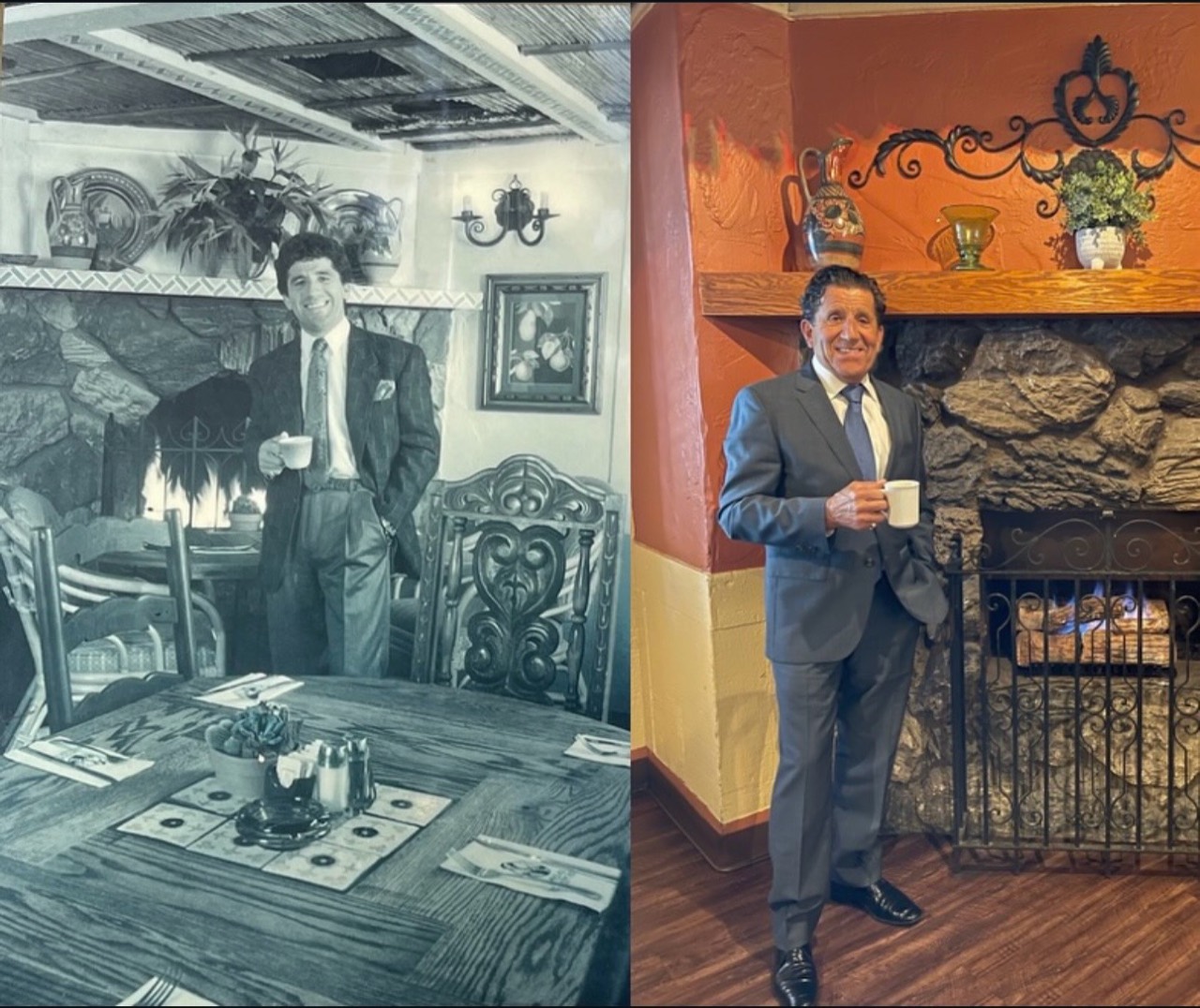 Side-by-side photographs of Victor Avila standing by the restaurant fireplace, years apart.